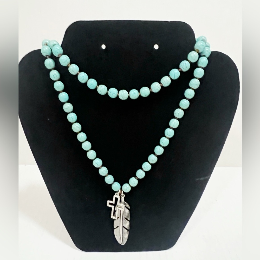 Native American Long turquoise Feather Cross Necklace